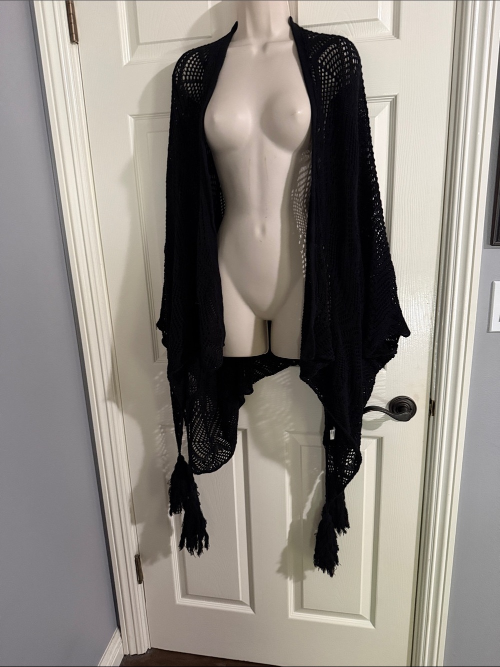 Kivari Black Open-Knit Tassel Poncho Shrug